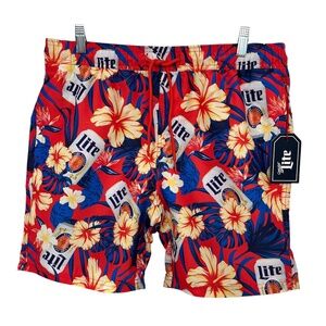 Miller Lite Hibiscus Floral Print Swim Trunks 6.5” Inseam Medium